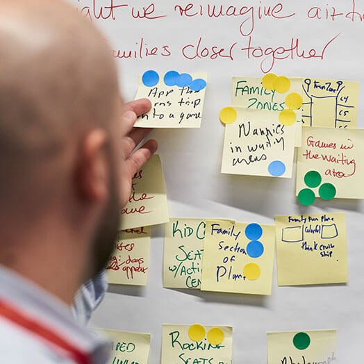 A man putting sticky notes on a white board