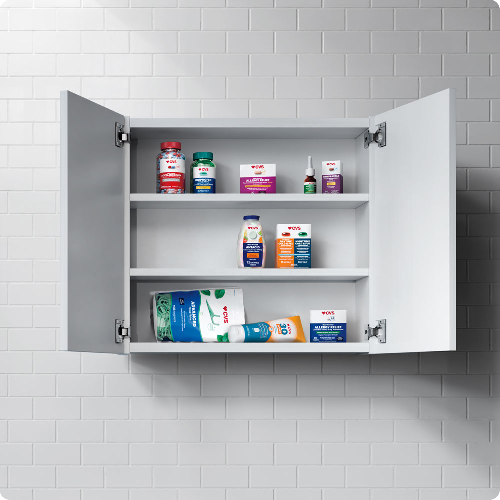 Open wall cabinet displaying store brand health and personal care products, representing organized, safe, and accessible product storage.