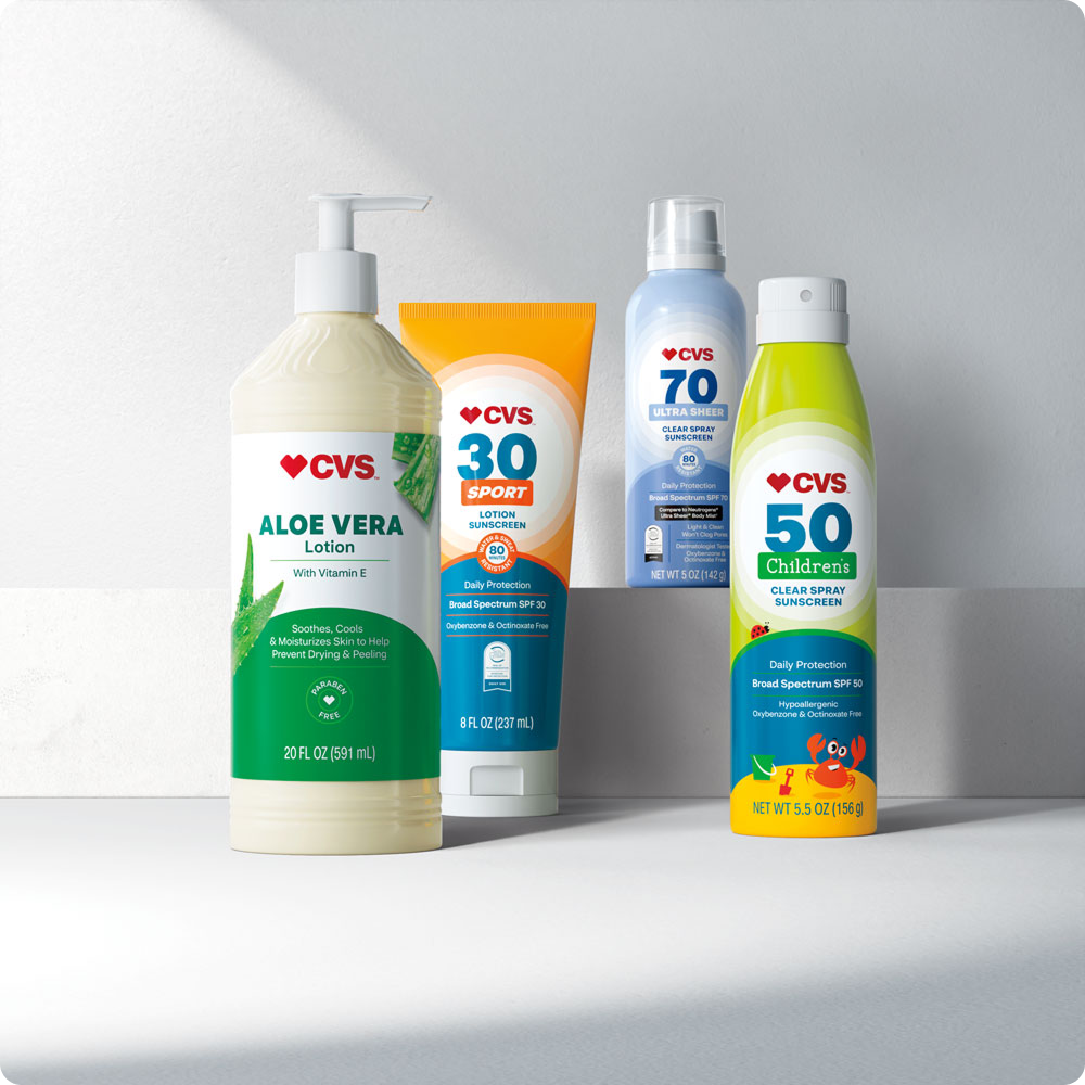 CVS Health store brand personal care products, including aloe lotion and sunscreen bottles, highlighting quality and responsibly developed consumer products.