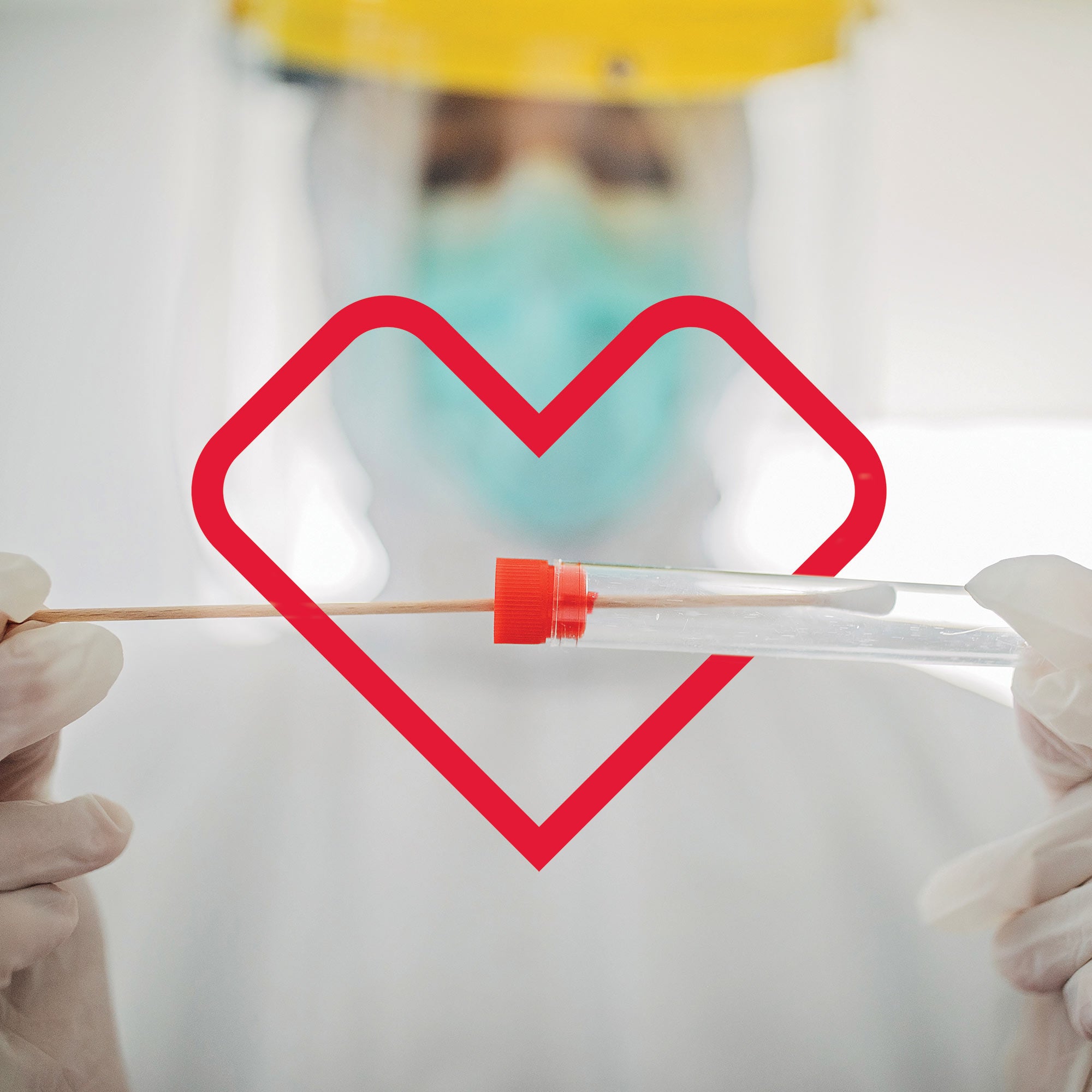 A medical professional, in full personal protective equipment (PPE), inserts a swab into a vial to be processed to test for COVID-19. The vial is surrounded by a red-colored CVS Health heart outline.