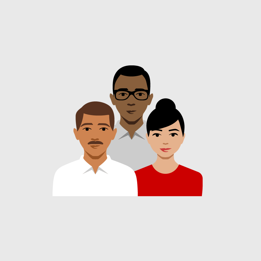 One woman and two men gathered in a group