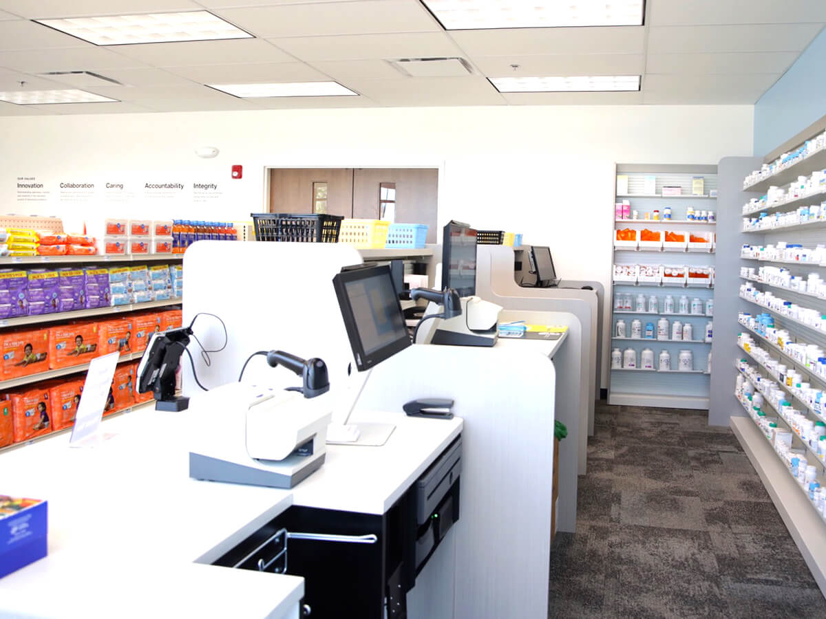 Photo of a mock pharmacy.