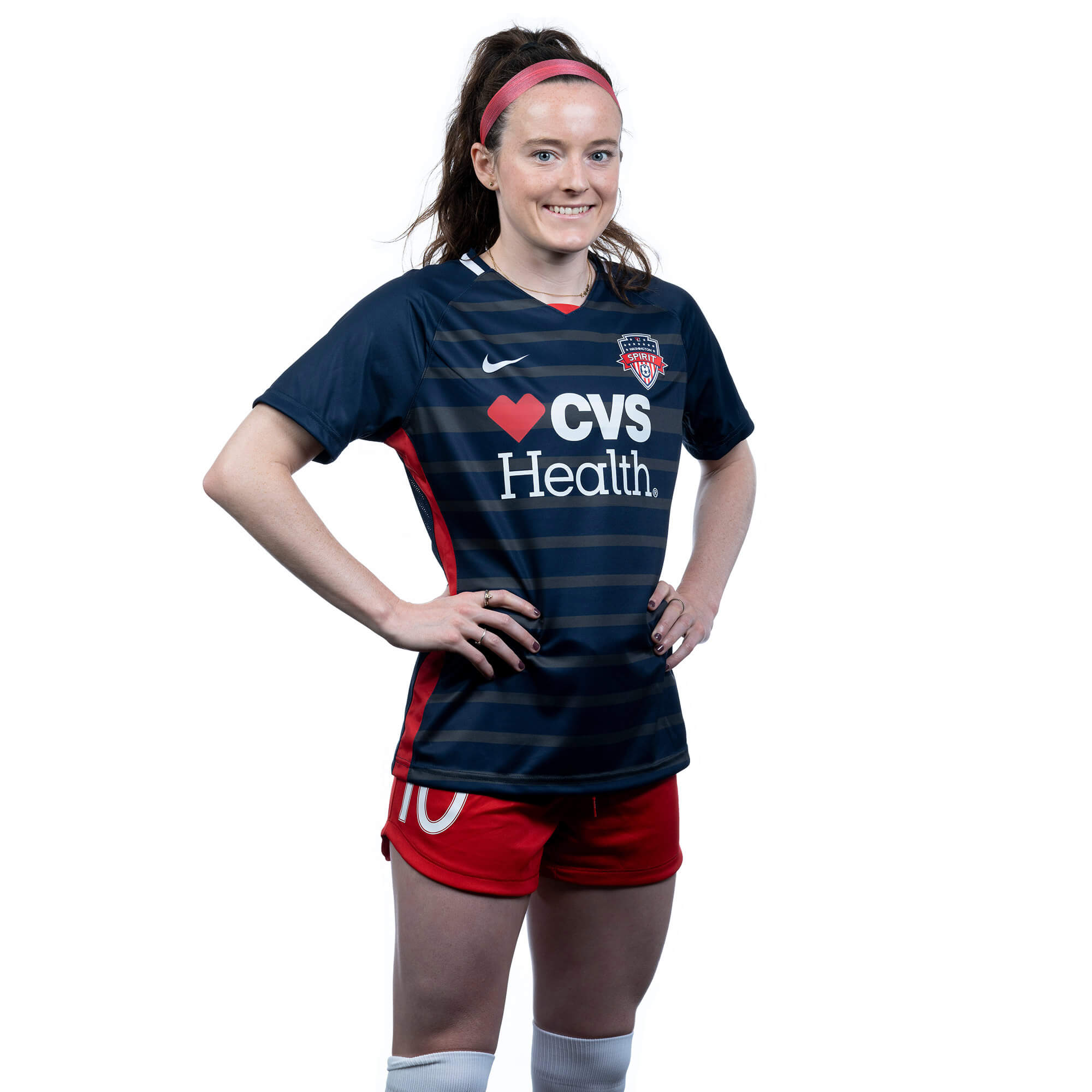 An unknown female player on the Washington Spirit (professional soccer team) models and wears the new team uniforms, which feature a CVS Health logo as part of CVS' sponsorship.