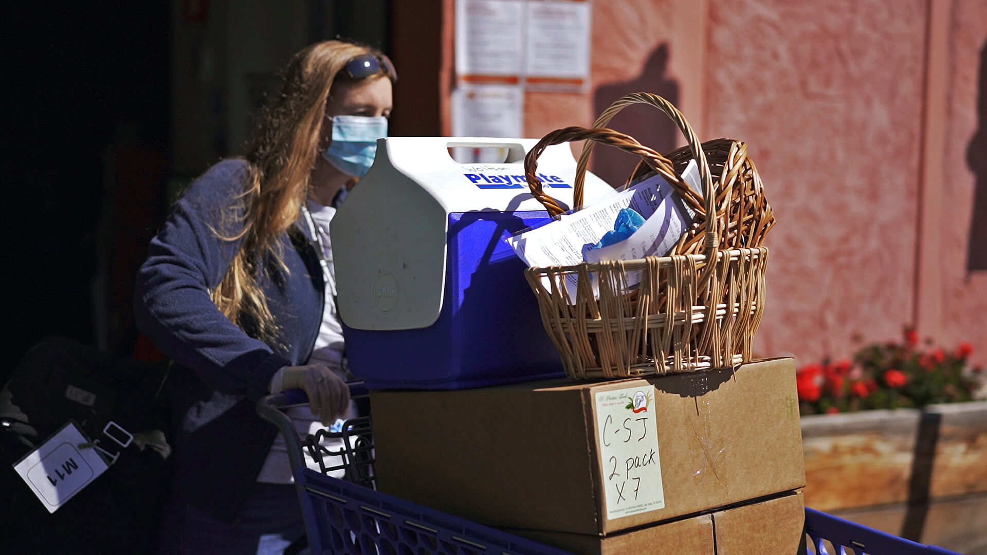 A female volunteer pushes a cart full of food donation while wearing a face mask.