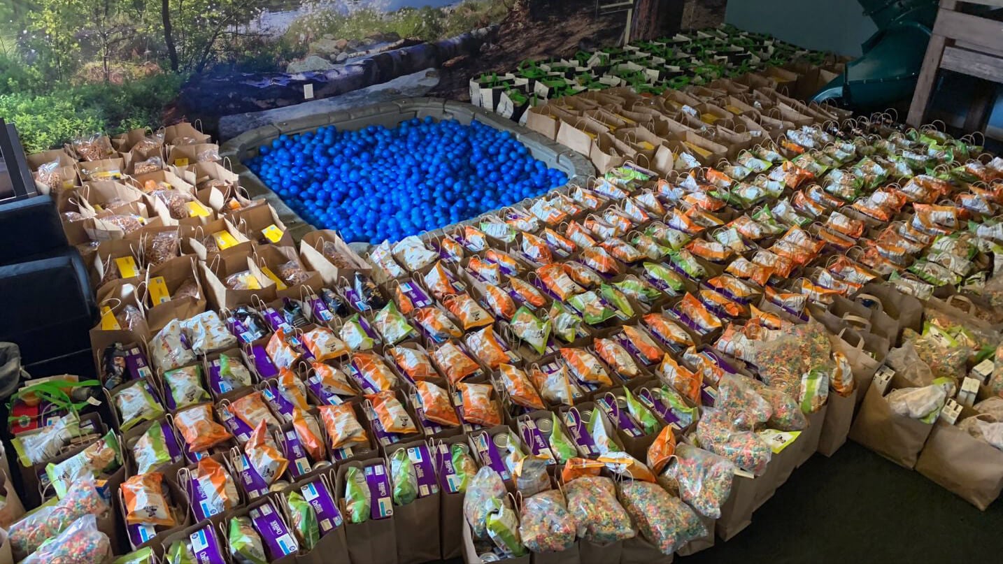 Bags of food collected at the Hockomock area YMCA in Attleboro, Massachusetts.