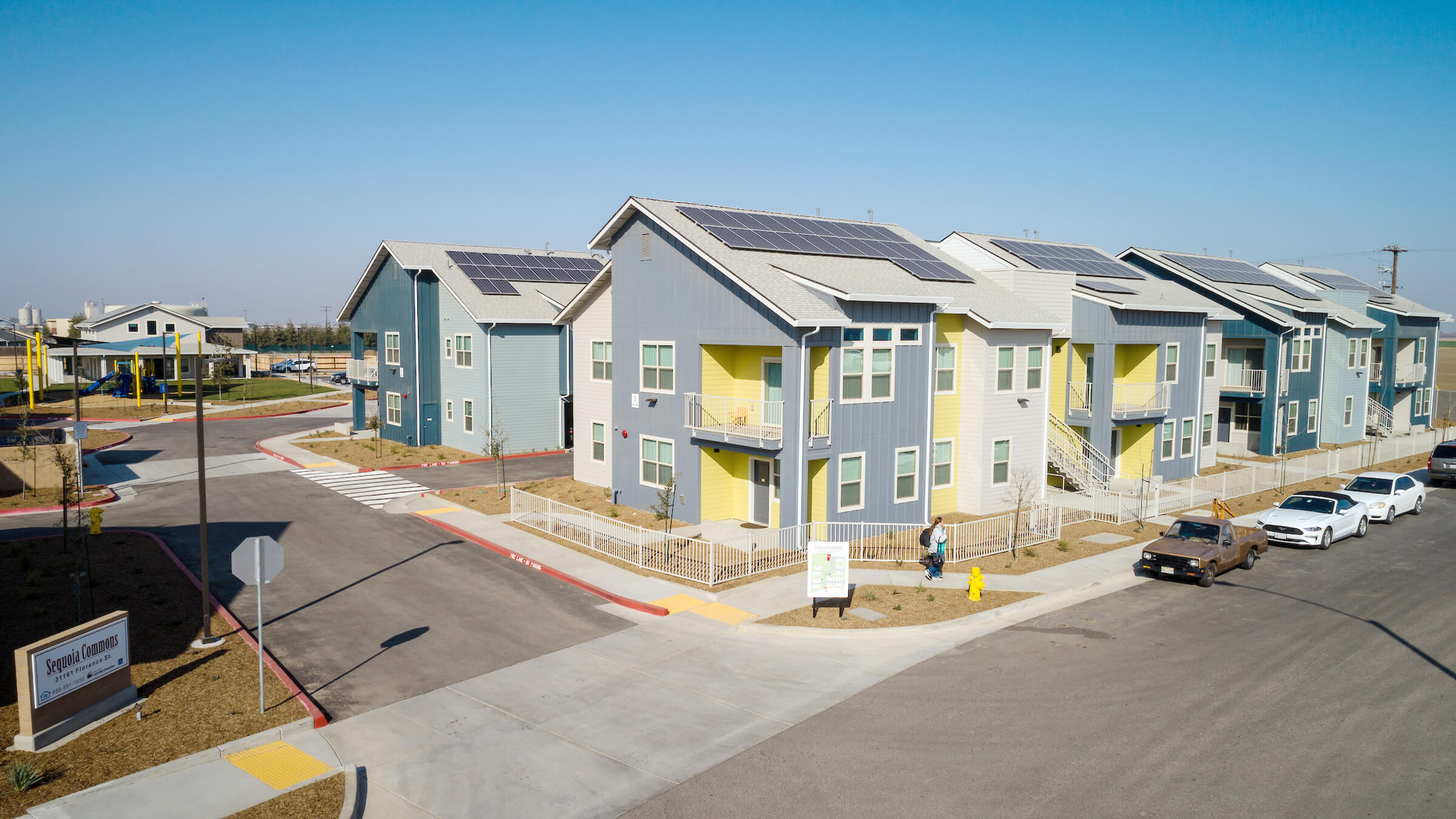 An aerial photo of the Sequoia Commons housing development neighborhood.