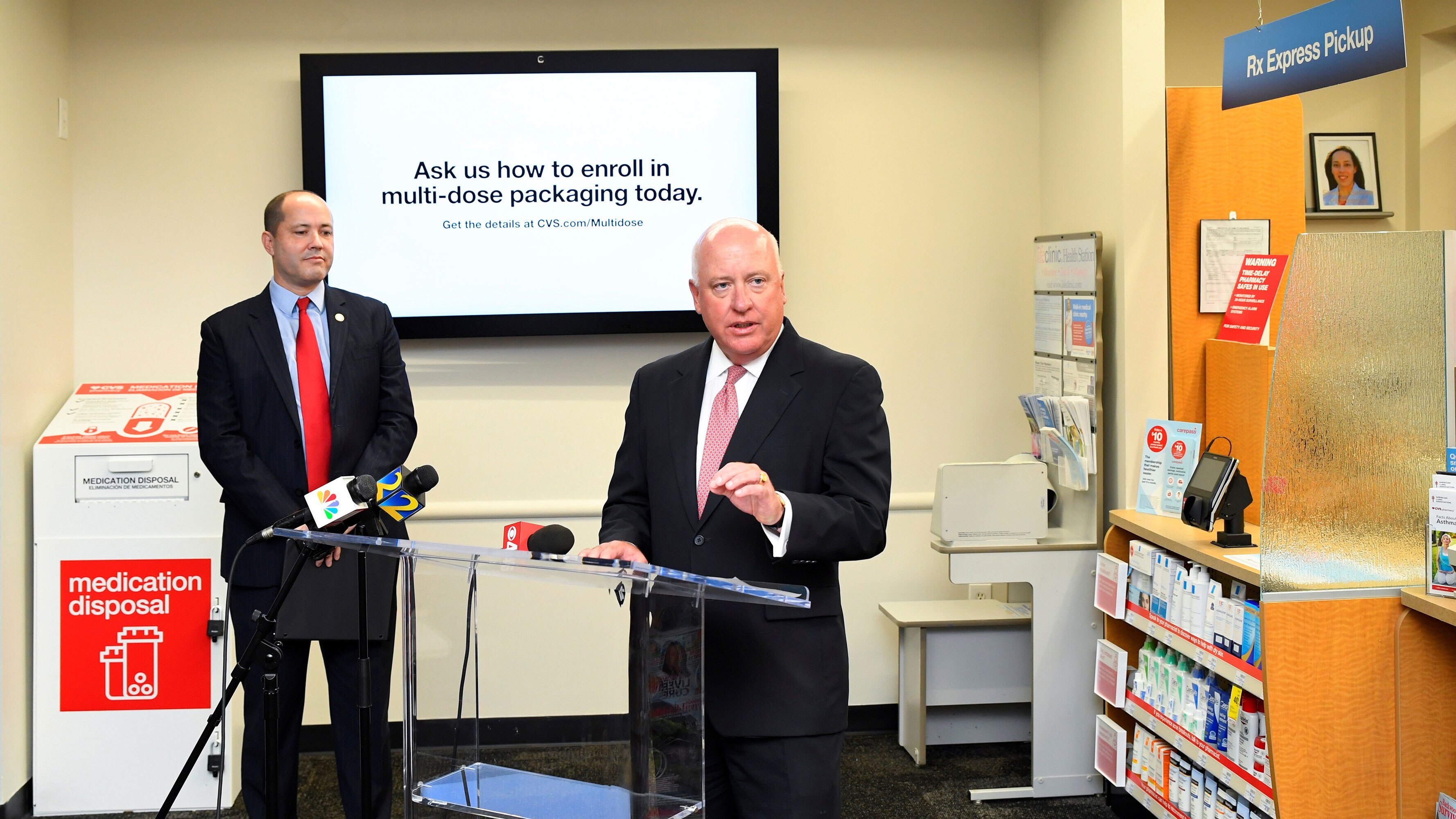 Georgia Attorney General Chris Carr looks on as CVS Health Chief Policy Officer andGeneral Counsel Tom Moriarty announces the implementation of time delay safe technology in all 355 CVS Pharmacy locations throughout the state. The safes aim to help prevent pharmacy robberies and the potential for associated diversion of controlled substance medications — including opioid medications such as oxycodone and hydrocodone — by electronically delaying the time it takes for pharmacy employees to open the safe. 