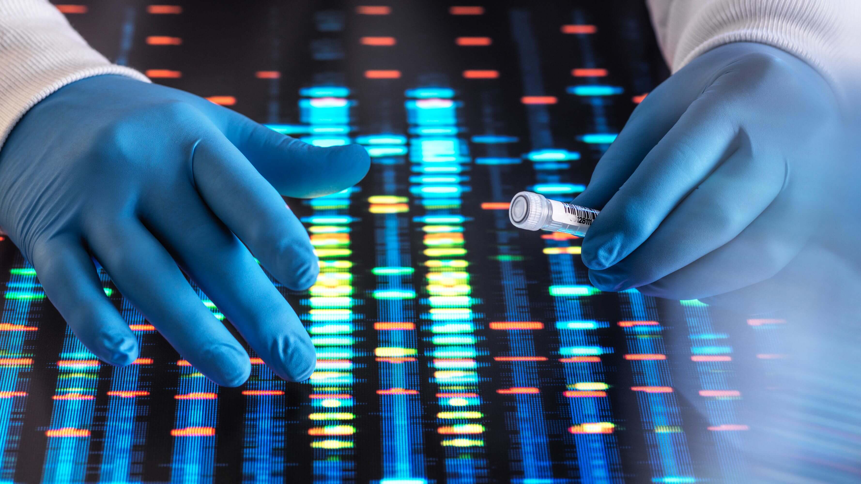Gloved hands work with a sample over the gloss of a genome sequence sample.