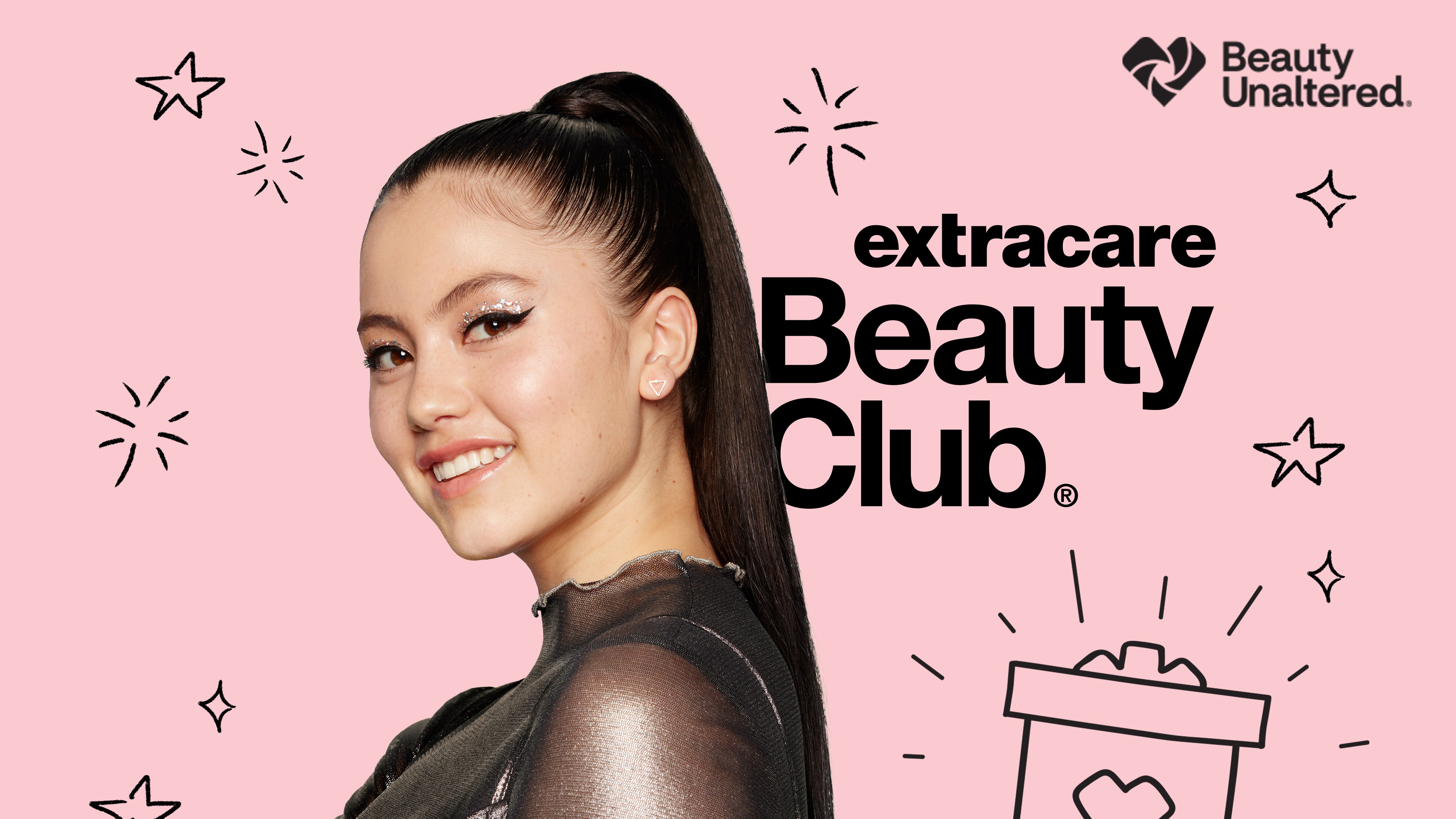 A woman in a sheer black shirt wearing a high ponytail smiles at the camera over the text &quot;extracare Beauty club&quot;. The image is marked with the Beauty Unaltered logo.