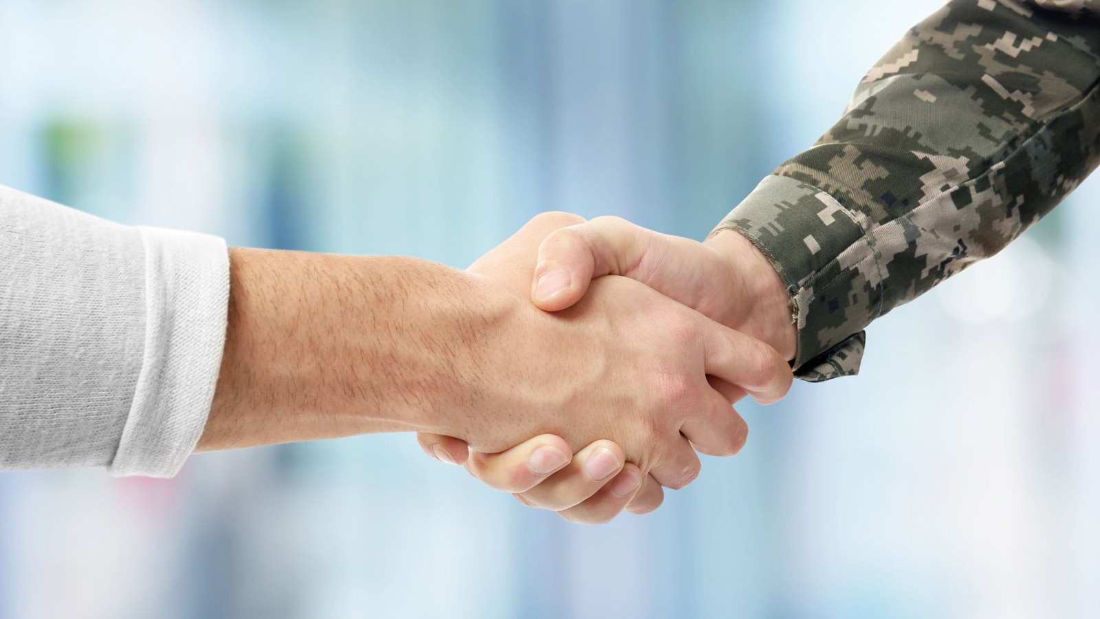 A close up of a handshake between a civilian and a uniformed veteran.