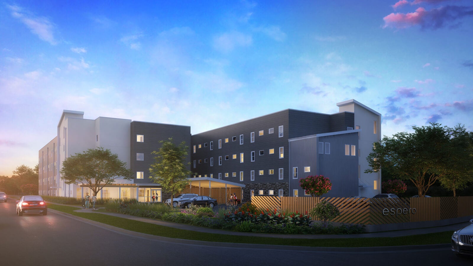An artist&#039;s rendering of Espero Austin, a housing complex.