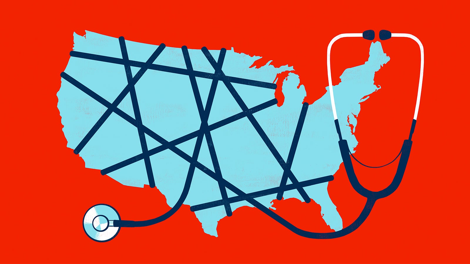 A map of the united states wrapped with a stethoscope cable.