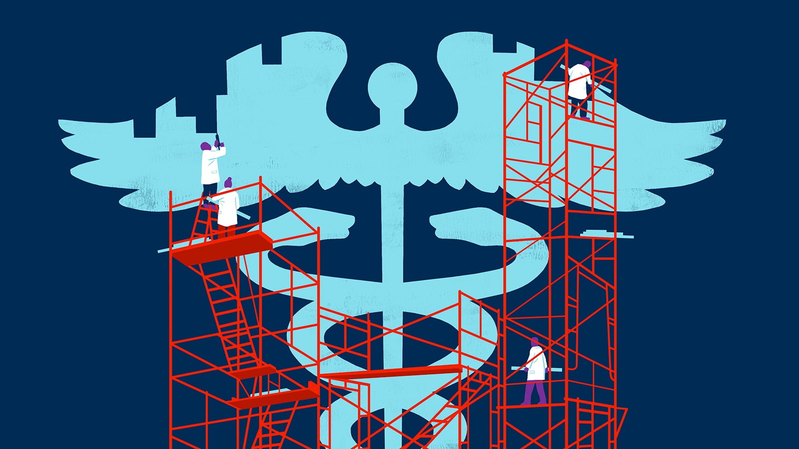 People on scaffolds repair a large caduceus