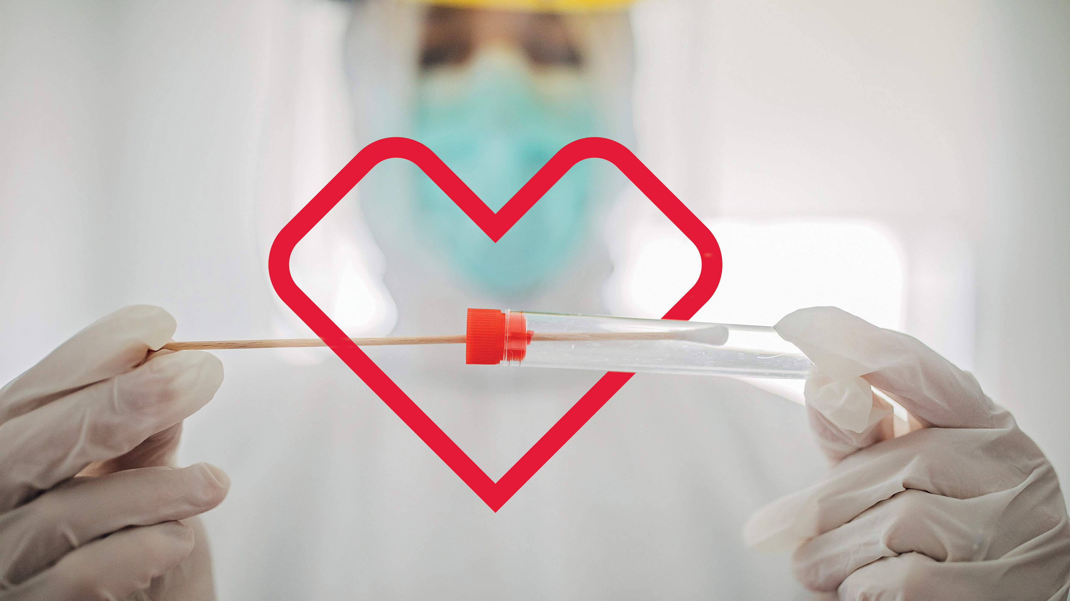 A medical professional, in full personal protective equipment (PPE), inserts a swab into a vial to be processed to test for COVID-19. The vial is surrounded by a red-colored CVS Health heart outline.