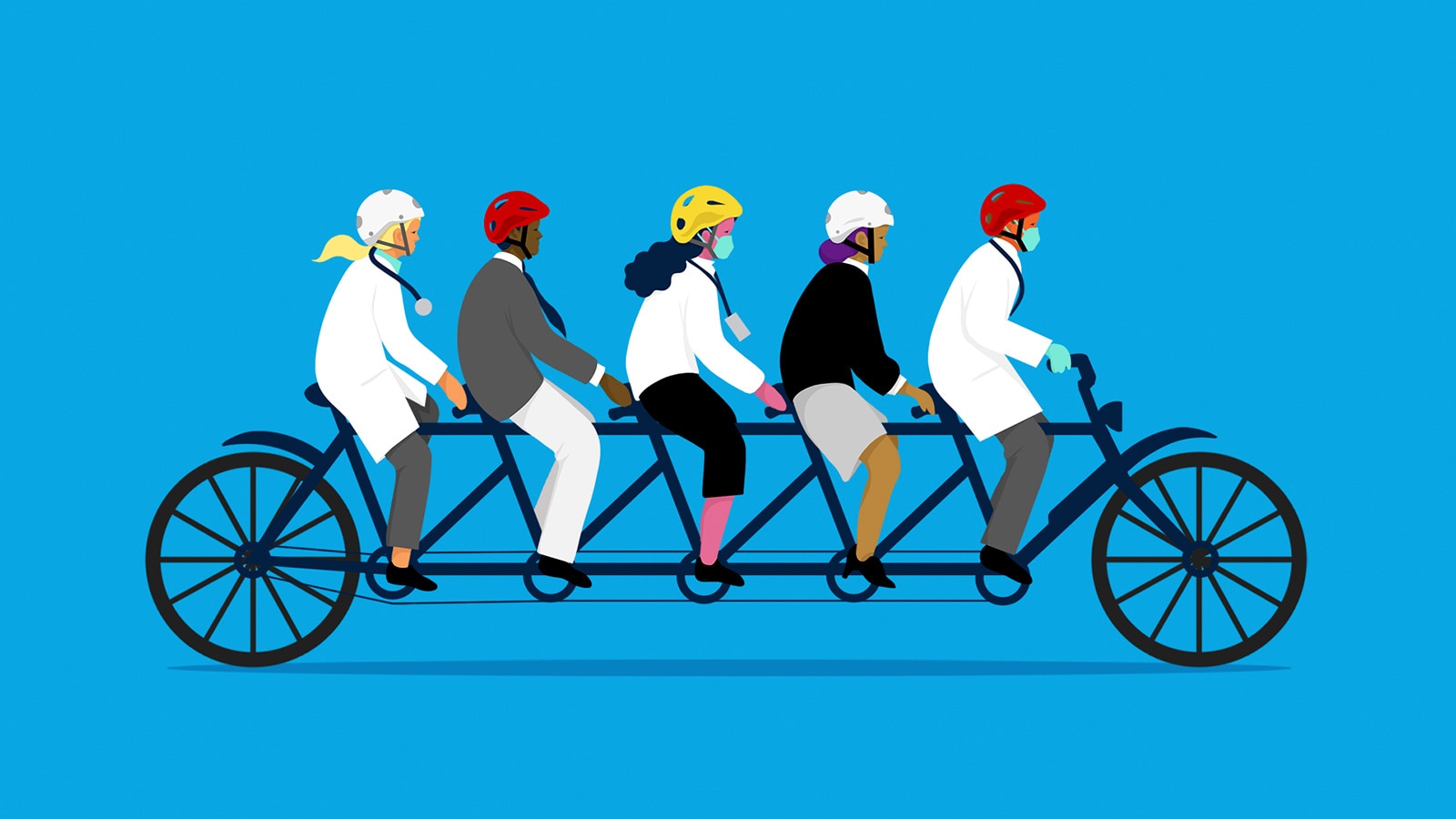 Graphic of five people riding a bike together in front of a blue background