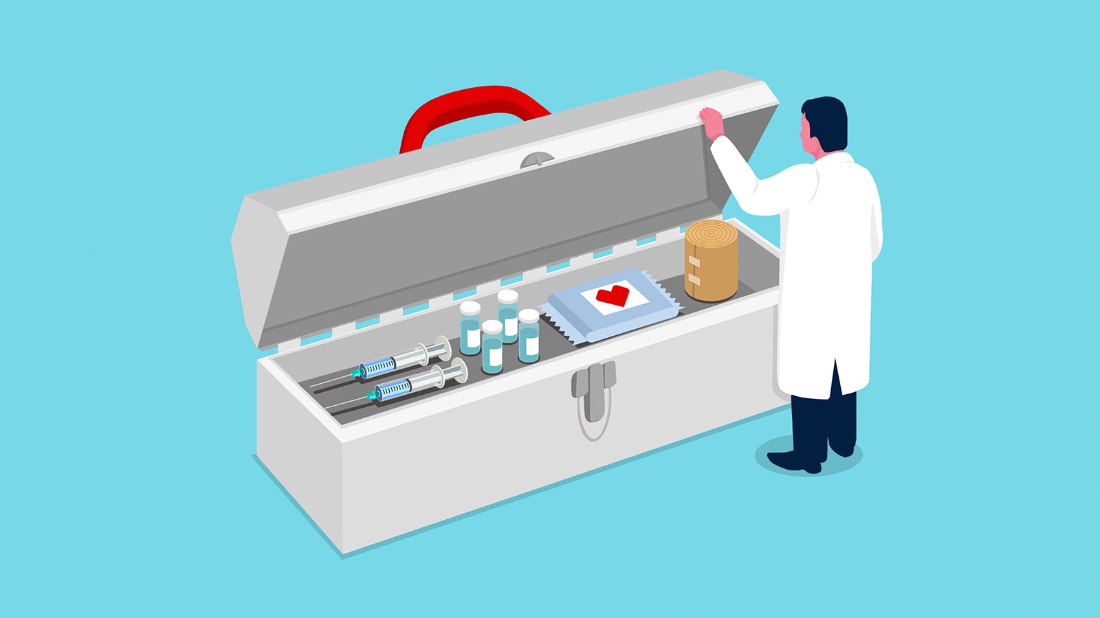 Graphic of person in a white coat opening a toolbox on a blue background