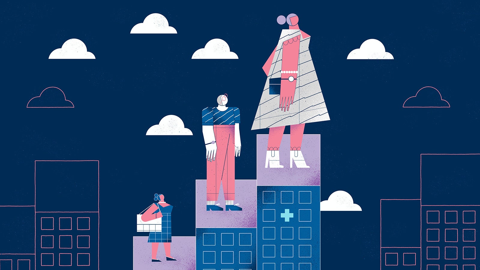 Three medical buildings, increasing in height, form a bar chart. A person is standing on the top of each building, looking up into the sky.