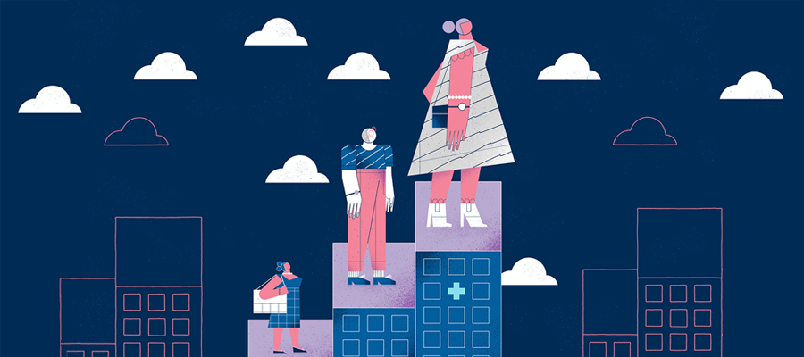 Three medical buildings, increasing in height, form a bar chart. A person is standing on the top of each building, looking up into the sky.