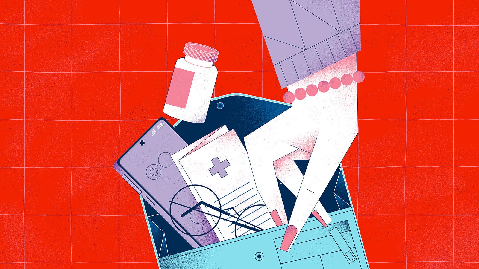 A person’s hand reaches into a handbag filled with various items, including an iPhone, glasses, a pill bottle and a piece of paper with a medical cross on it.