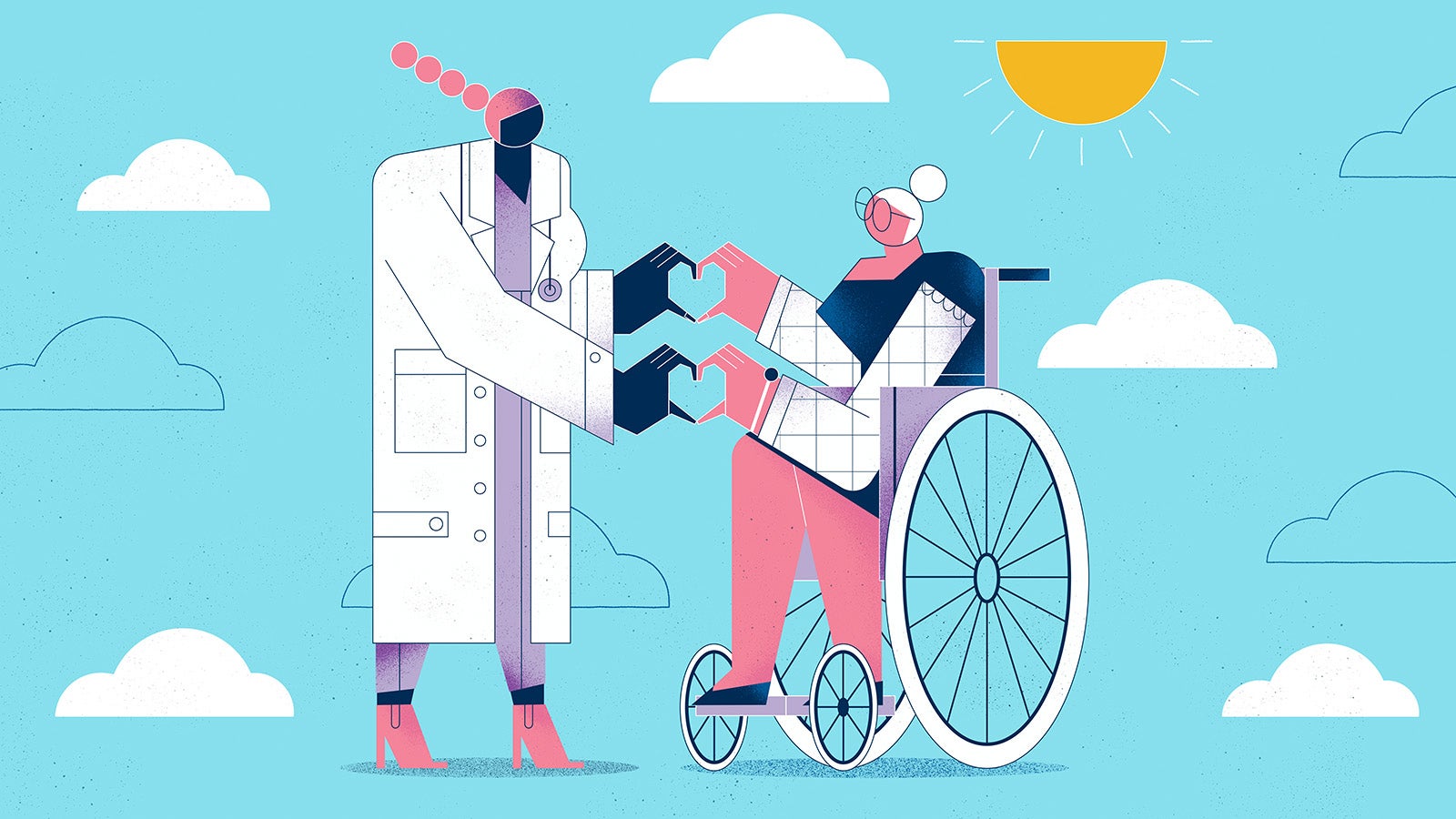 An older patient sitting in a wheelchair and a health care professional standing near them connect their hands to create heart-shaped symbols together.