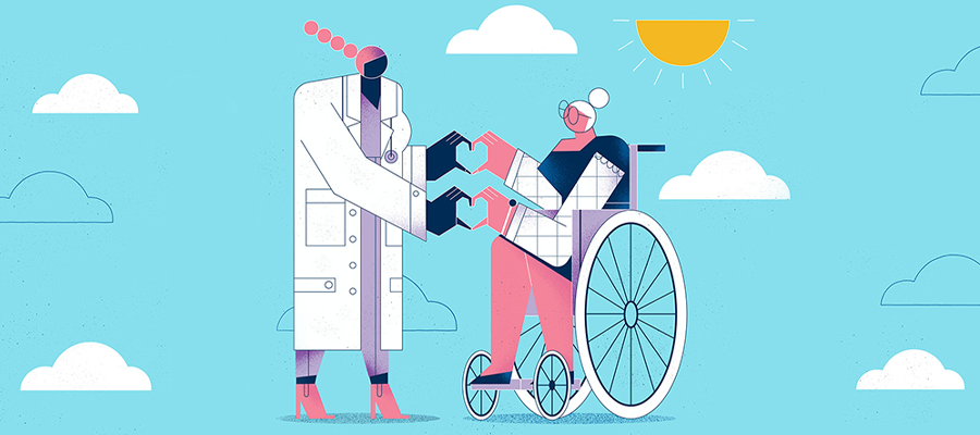 An older patient sitting in a wheelchair and a health care professional standing near them connect their hands to create heart-shaped symbols together.