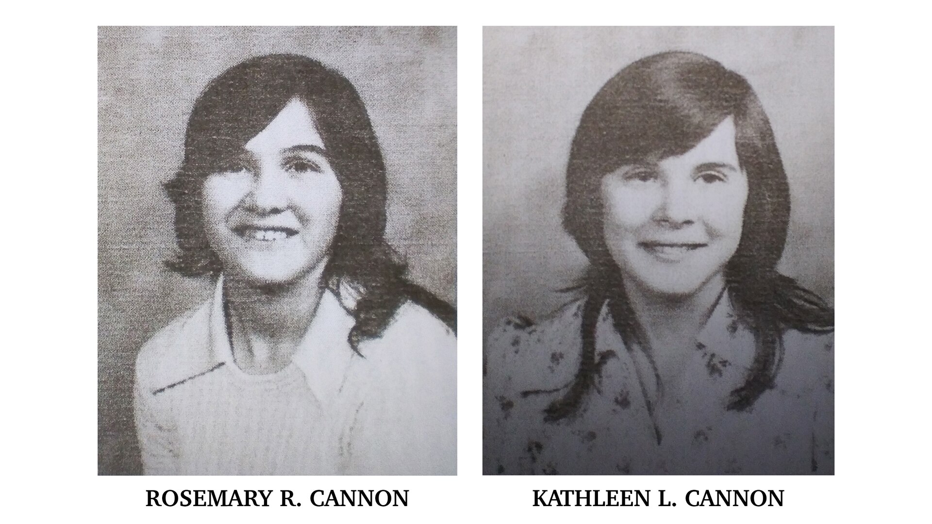 Younger black and white portrait of Rosemary Cannon on the left and Kathleen Cannon on the right