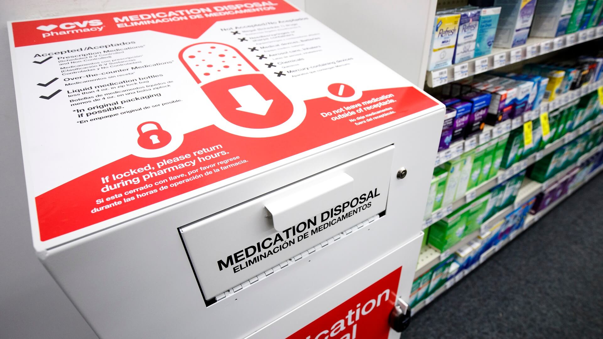 A medication disposal bin in the pharmacy