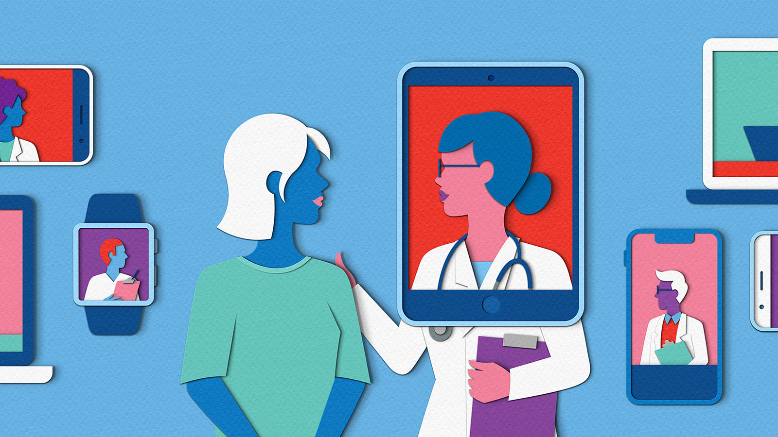A female patient looks at her doctor; the doctor has an overlay of a cellphone over her face and shoulders.