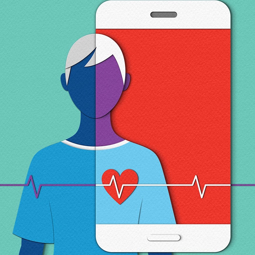 A patient looks at the reader while a phone overlays half of their head and shoulders.