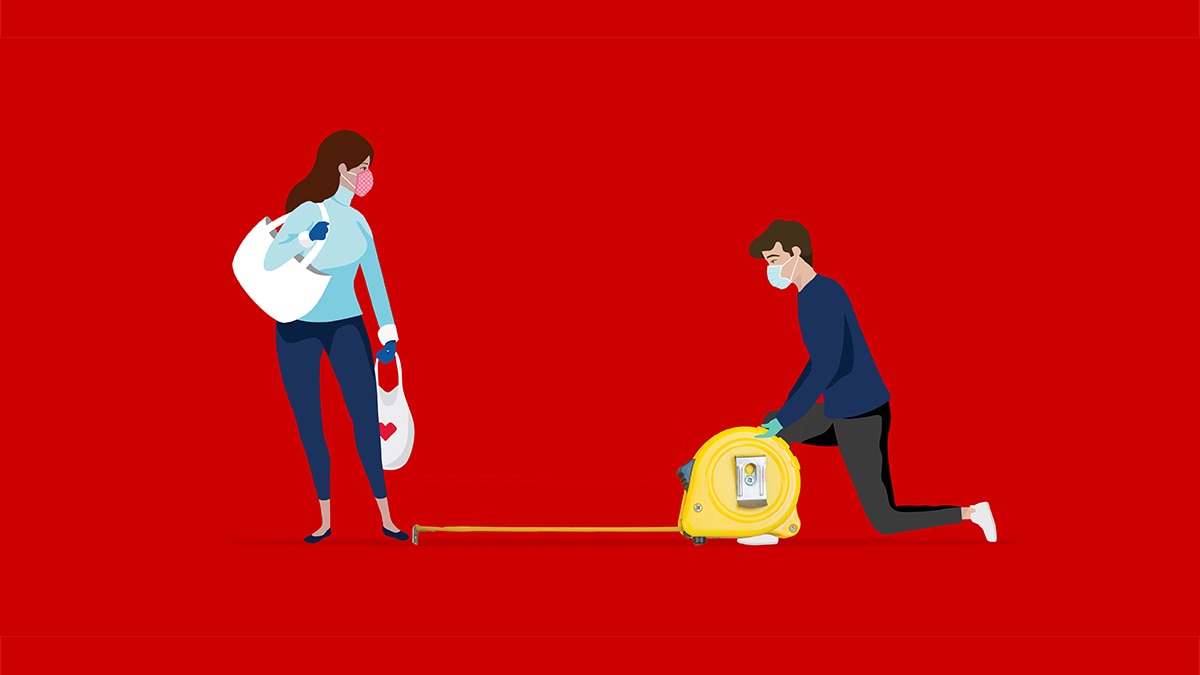 A pictogram image depicting a woman with shopping bags watching a man kneel to use an oversized tape measure.