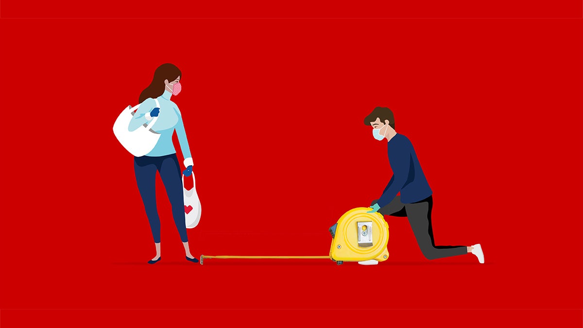 A pictogram image depicting a woman with shopping bags watching a man kneel to use an oversized tape measure.