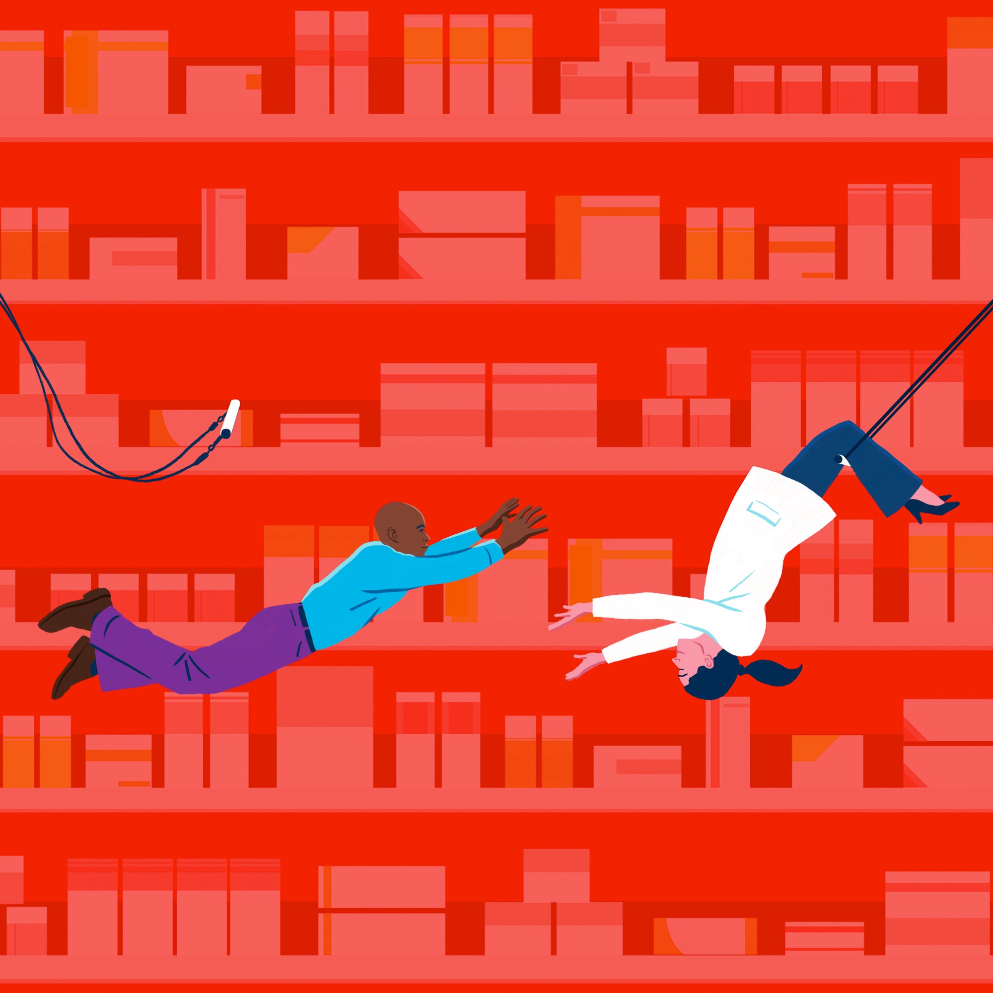 A pharmacist on a trapeze catches a customer.