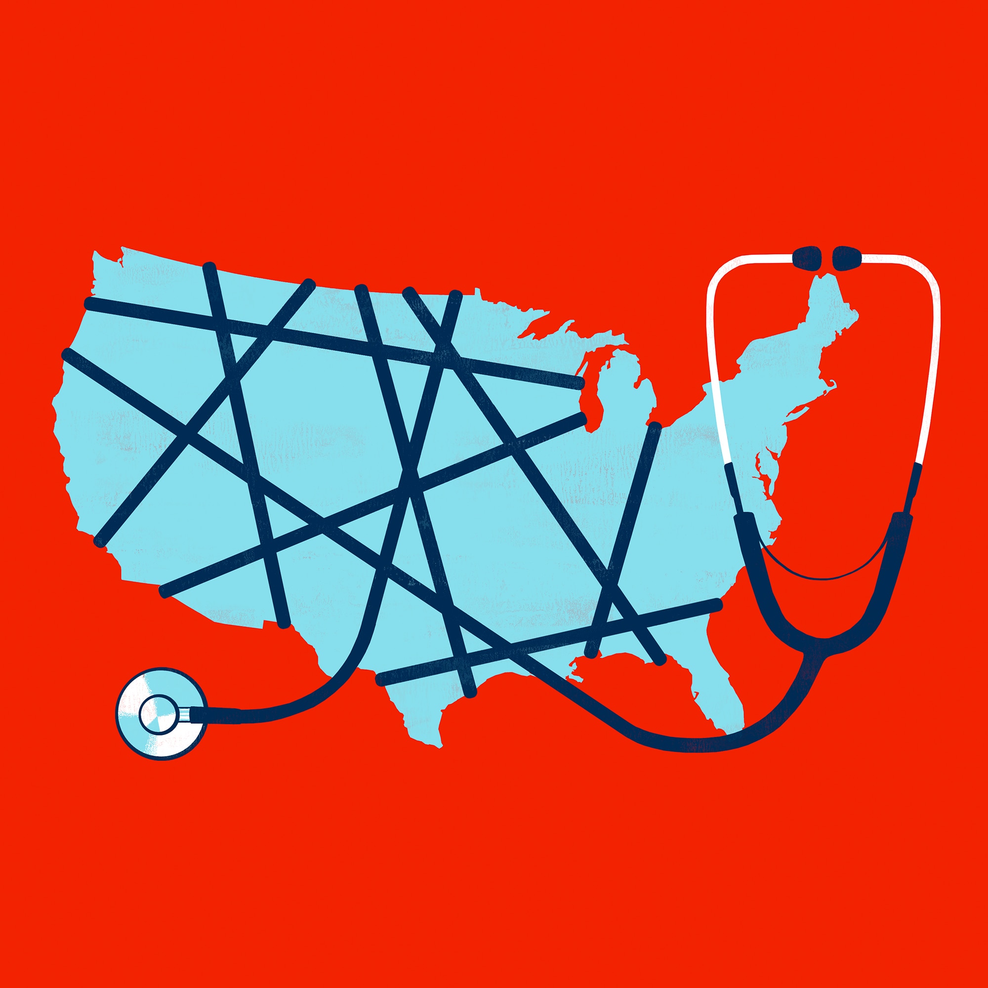 A map of the united states wrapped with a stethoscope cable.