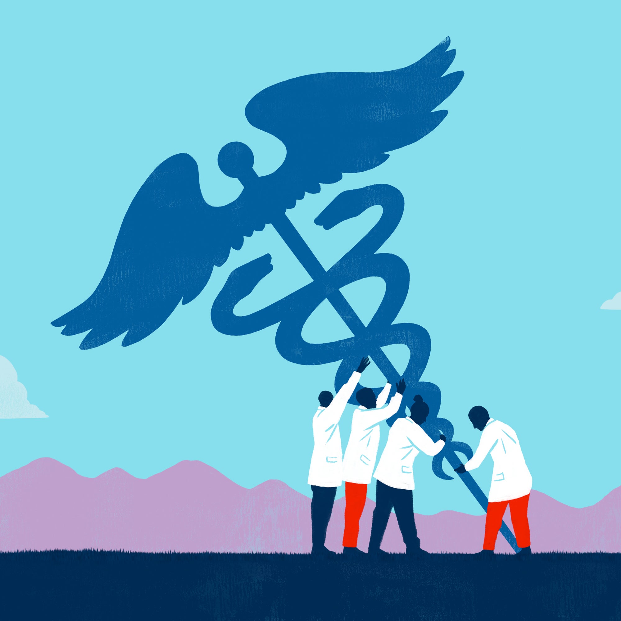 Four pharmacists hoist up a caduceus (Medical Staff) as though it were a flag pole.