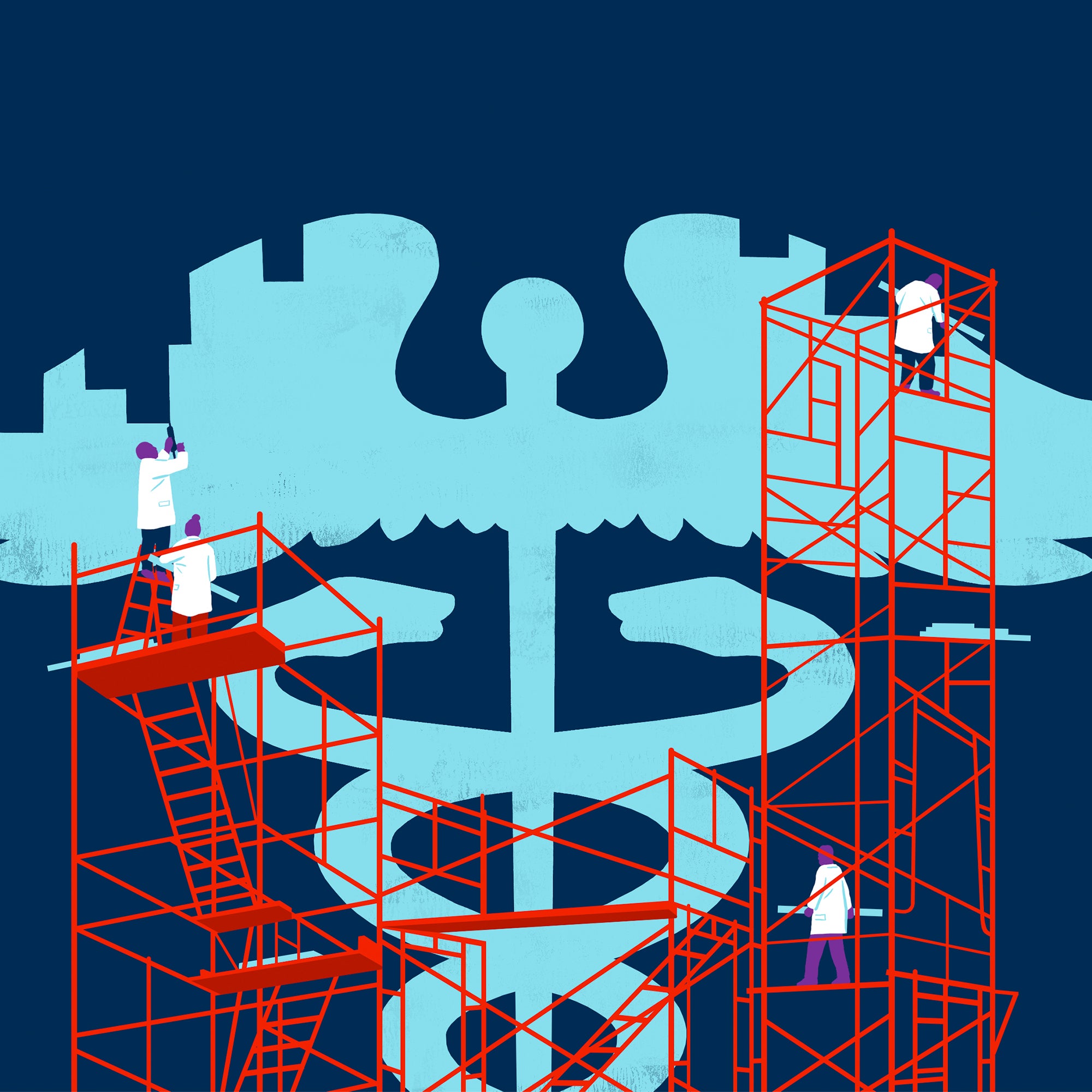 People on scaffolds repair a large caduceus