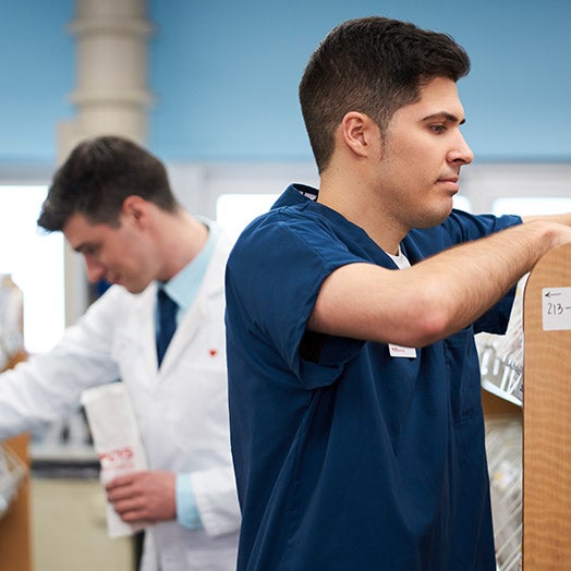 Two pharmacists working in pharmacy